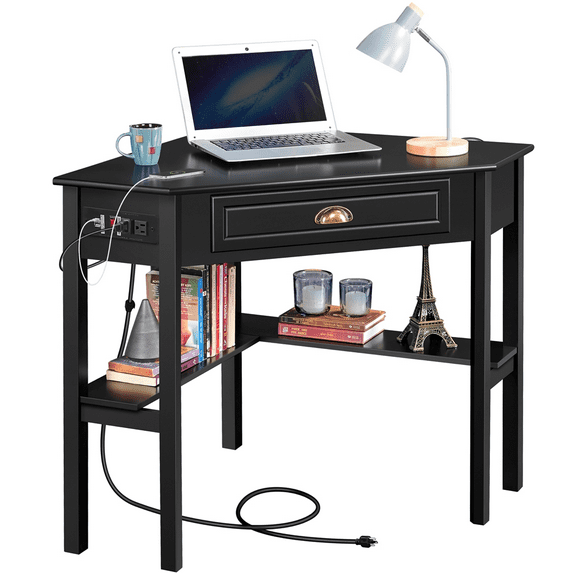 Renwick Modern Corner Computer Desk with Power Outlet and Drawer, Black