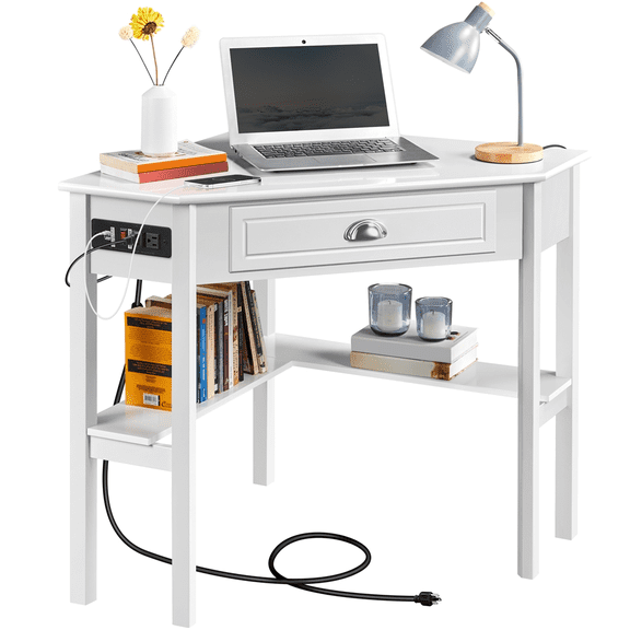 Renwick Modern Corner Computer Desk with Power Outlet and Drawer, White