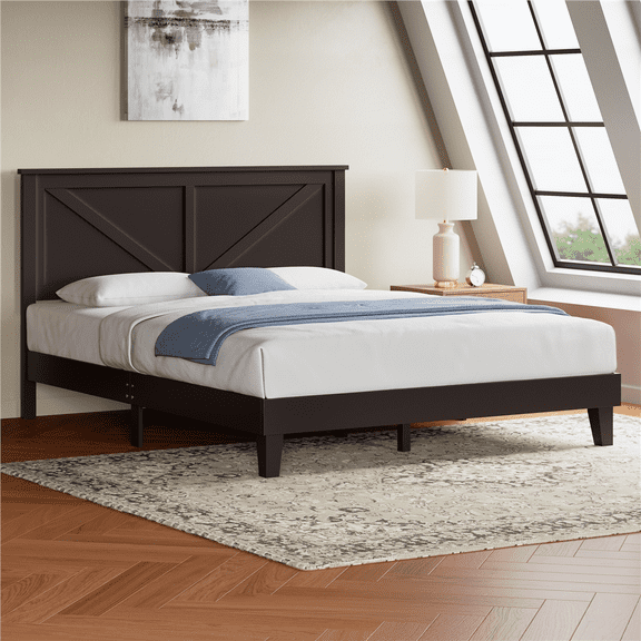 Renwick Full Size Modern Farmhouse Platform Bed for Adults, Espresso