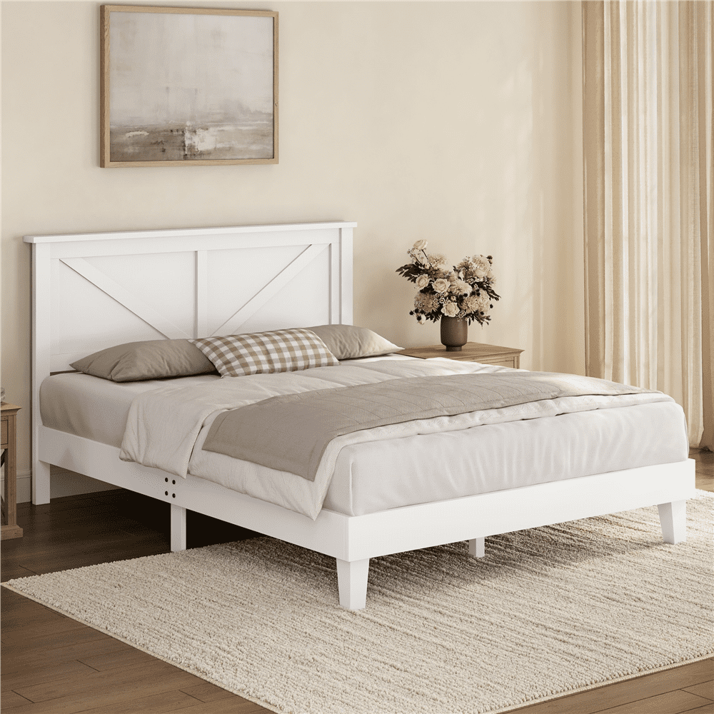 Renwick Modern Farmhouse Queen Size Platform Bed No Box Spring Needed for Adult, White