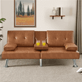 thumbnail image 1 of Renwick Modern Faux Leather Futon Sofa Bed Convertible Folding Couch with Cup Holders, Brown, 1 of 9