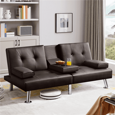 Renwick Faux Leather Convertible Futon Sofa Bed with 2 Throw Pillows & Cup Holders, Espresso