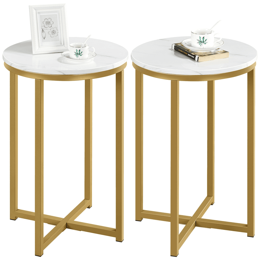 Renwick Modern Faux Marble Top Round Side Table Set, 2 Piece, White