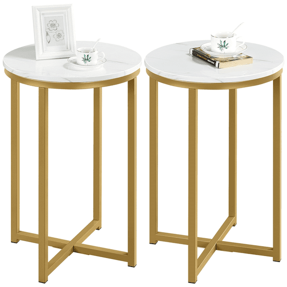 Renwick Modern Faux Marble Top Round Side Table Set, 2 Piece, White