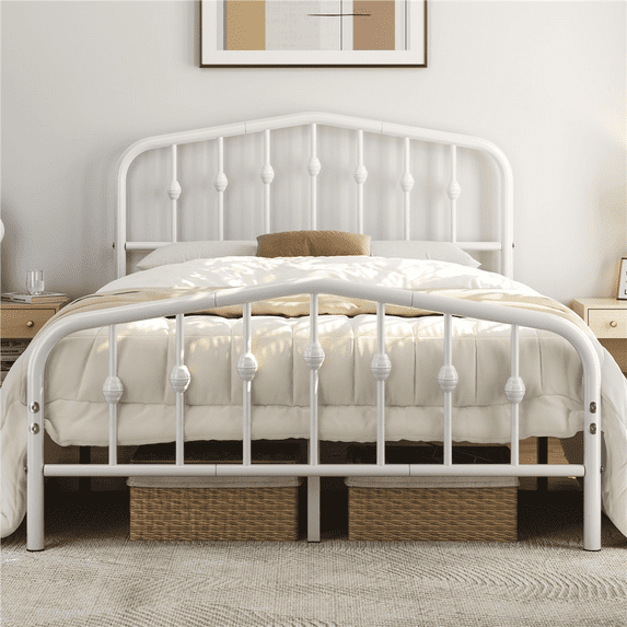 Renwick Modern Metal Platform Bed with Arched Headboard and Footboard for Adult, Full, White