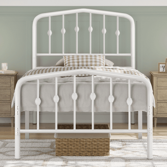 Renwick Twin Size Metal Platform Bed with Arched Headboard and Footboard for Adult, White