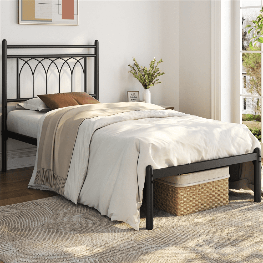 Renwick Modern Metal Platform Bed with Petal Accented Headboard, Twin