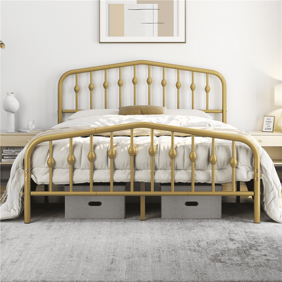 Renwick Modern Metal Platform Queen Bed with Arched Headboard and Footboard, Adult, Antique Gold