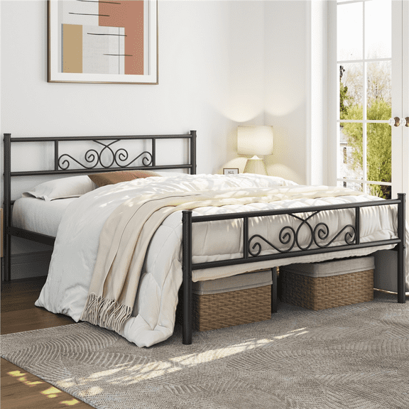 Renwick Modern Scroll Metal Platform Bed for Adult, Black, Full