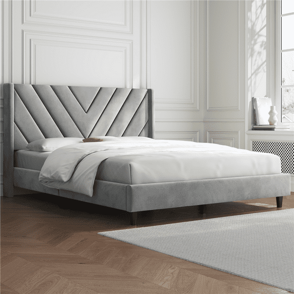 Renwick Full Size Upholstered Platform Bed Frame with Tufted Headboard, Light Gray, Adult