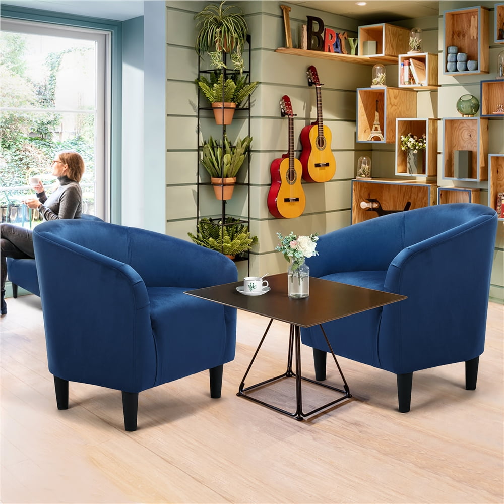 Navy Blue Velvet Barrel Accent Chair Set with Black Legs