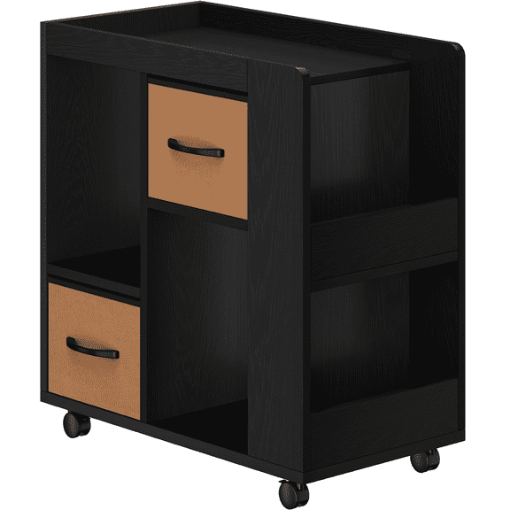 Renwick Modern Wooden Rolling Side Table with 2 Foldable Fabric Drawers and Magazine Racks, Black