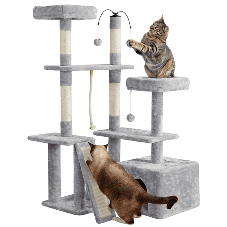 Renwick Multilevel Plush Cat Tree with Dangling Balls for Cats and Kittens, Light Gray