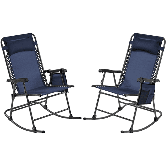Renwick Outdoor Foldable Rocking Chair with Headrest Pillow, Set of 2, Navy Blue