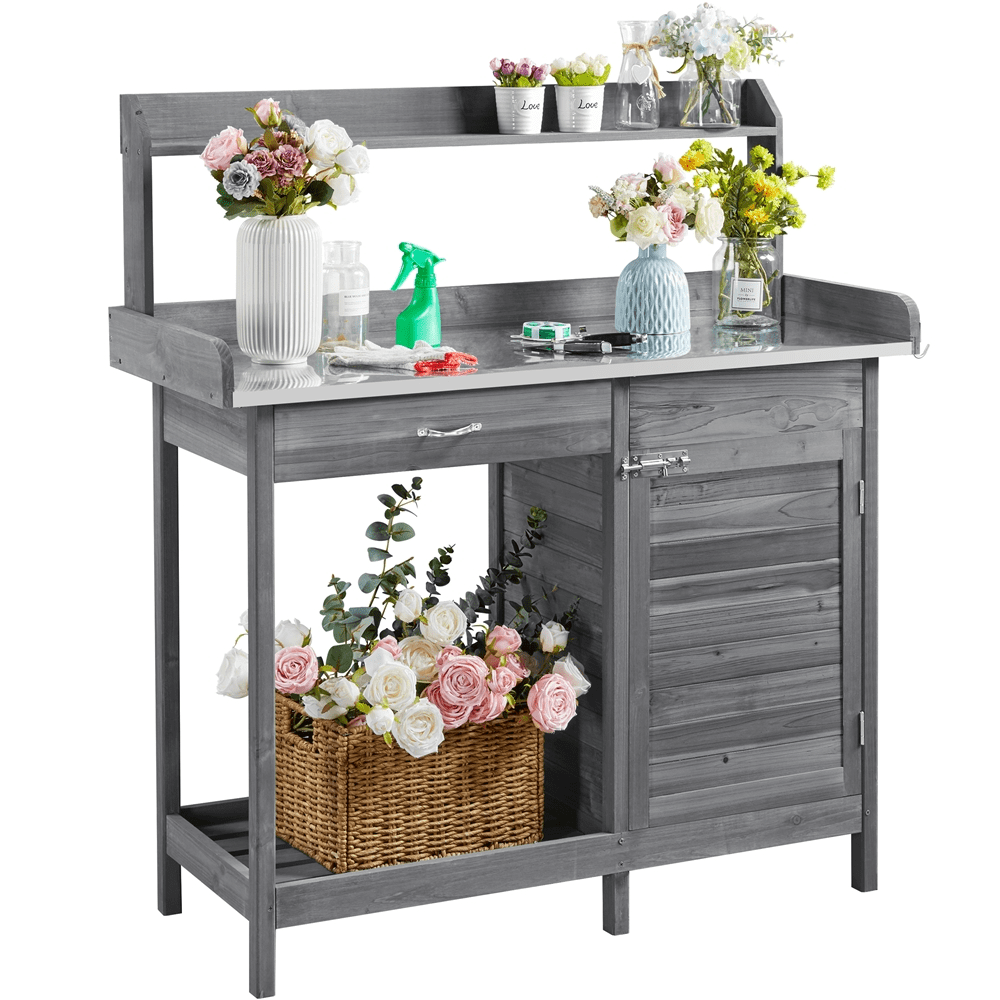 Renwick Outdoor Garden Potting Bench W/Cabinet Drawer Open Shelf, Gray