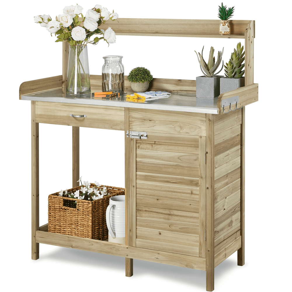 Renwick Outdoor Garden Potting Bench W/Cabinet Drawer Open Shelf, Light Green
