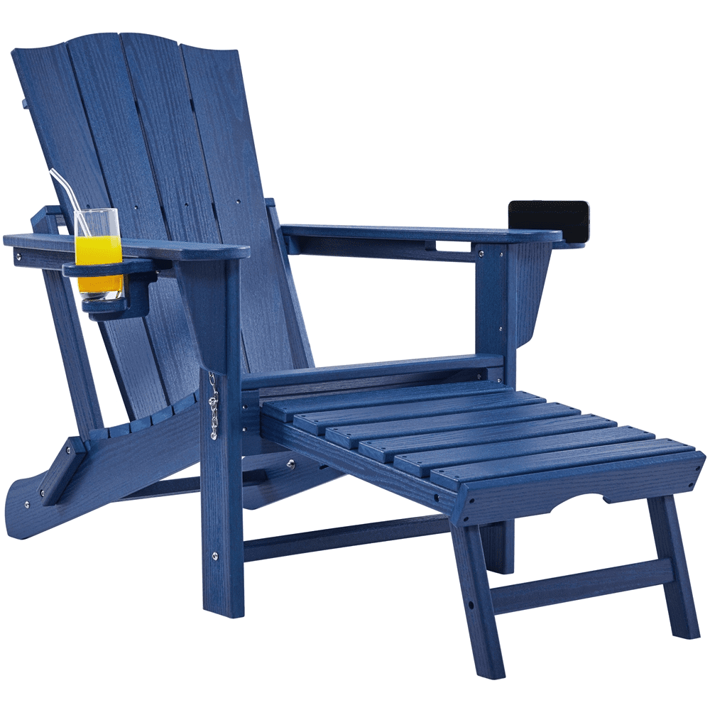 Renwick Outdoor HDPE Adirondack Chair with Retractable Ottoman, Navy Blue