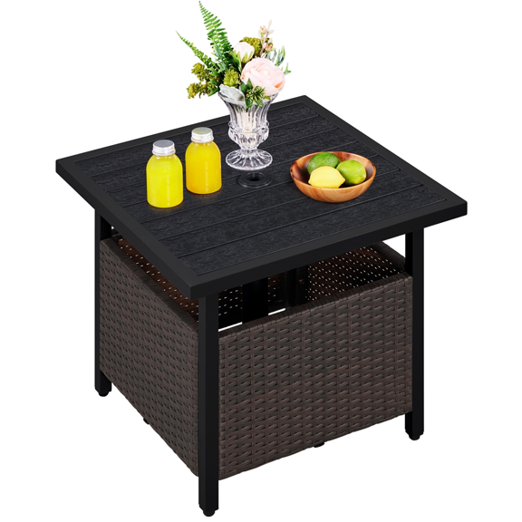 Renwick Outdoor Rattan Side Table with Umbrella Tube, Brown