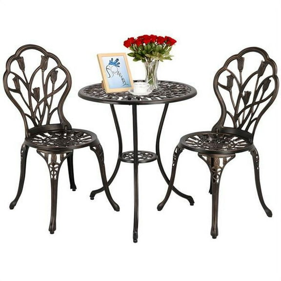 Renwick Outdoor Setting Cast Bistro Table Chair Vintage Patio 3-Piece Bistro Set Tulip Design, Bronze