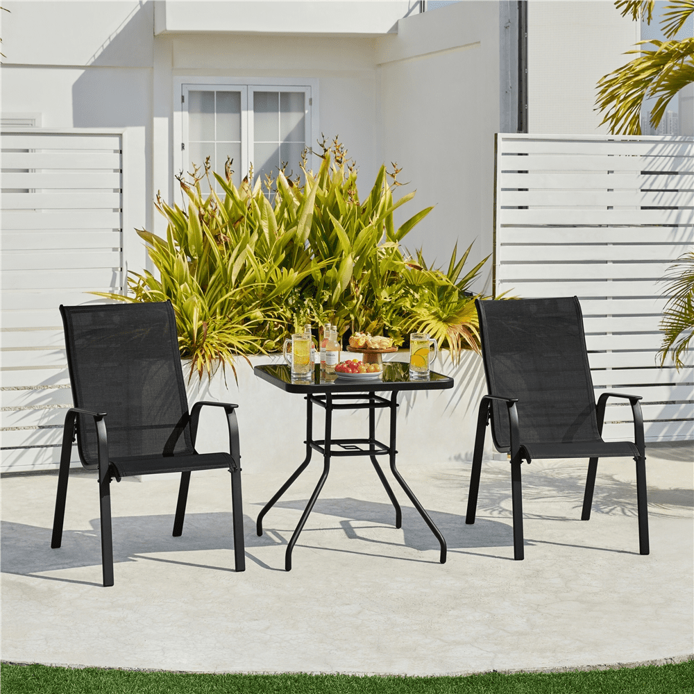 Renwick Outdoor Stackable Dining Chairs with Backrest, Set of 2, Black