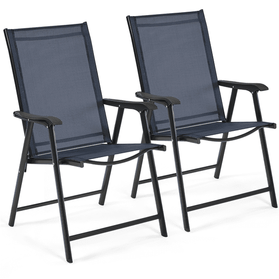 Renwick Outdoor Texteline Folding Dining Chairs with Backrest, Set of 2, Navy Blue