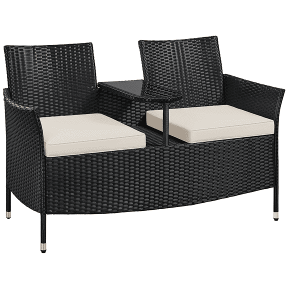 Renwick Outdoor Wicker Loveseat with Tempered Glass Side Table, Black/Beige