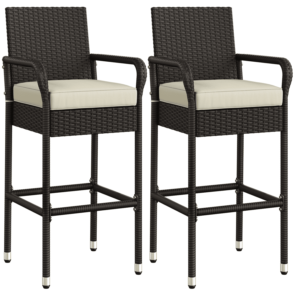 Renwick PE Rattan Patio Bar Stools with Cushions, Set of 2, Brown/Beige