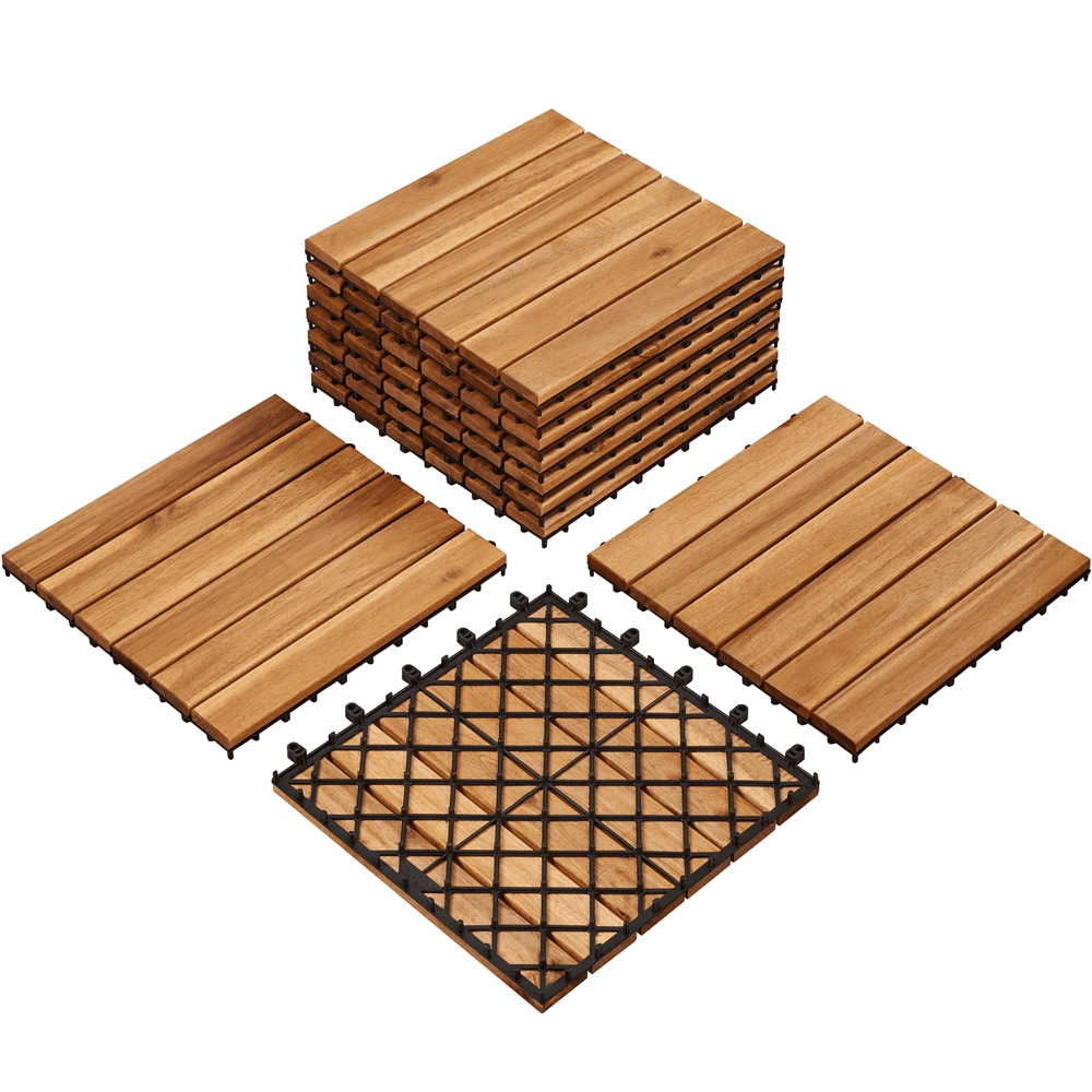 Natural Acacia Wood Interlocking Deck Tiles for Indoor/Outdoor Use, 12x12in