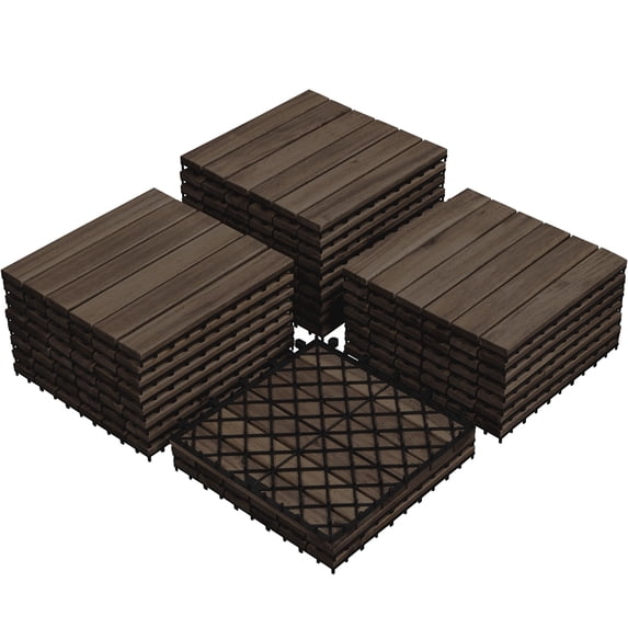 Renwick 12 × 12 in Pack of 27 Acacia Wood Interlocking Flooring Tiles for Outdoor & Indoor, Black