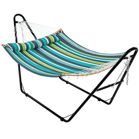 Renwick Padded Hammock with Universal Steel Stand for Outdoor, Green Stripe