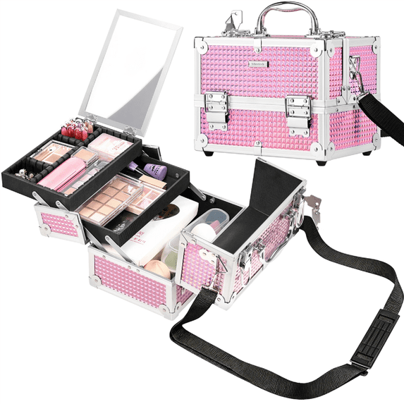 Renwick Portable Makeup Train Case with Mirror and 2 Trays, Glitter Pink