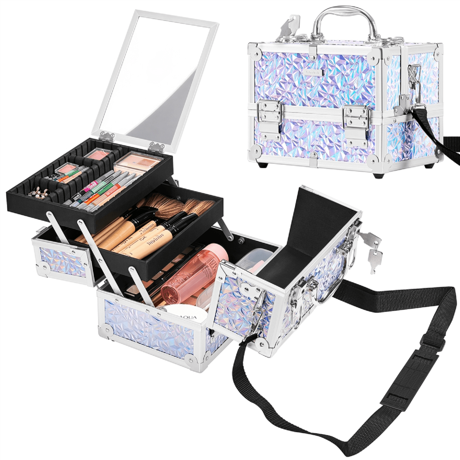 Renwick Portable Makeup Train Case with Mirror and 2 Trays, Silver