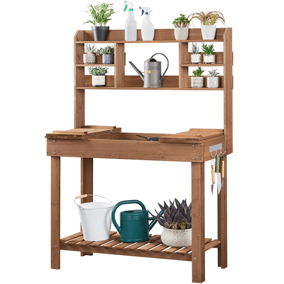Renwick Potting Bench Table with Display Rack/ Storage Shelf/ Hanger, Brown