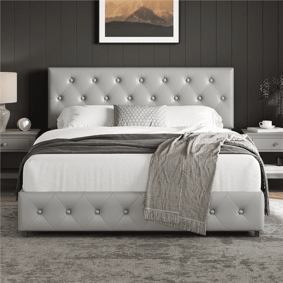 Renwick Queen Size Upholstered Bed Frame with Adjustable Headboard and 3 Drawers Storage, Adult,Light Gray