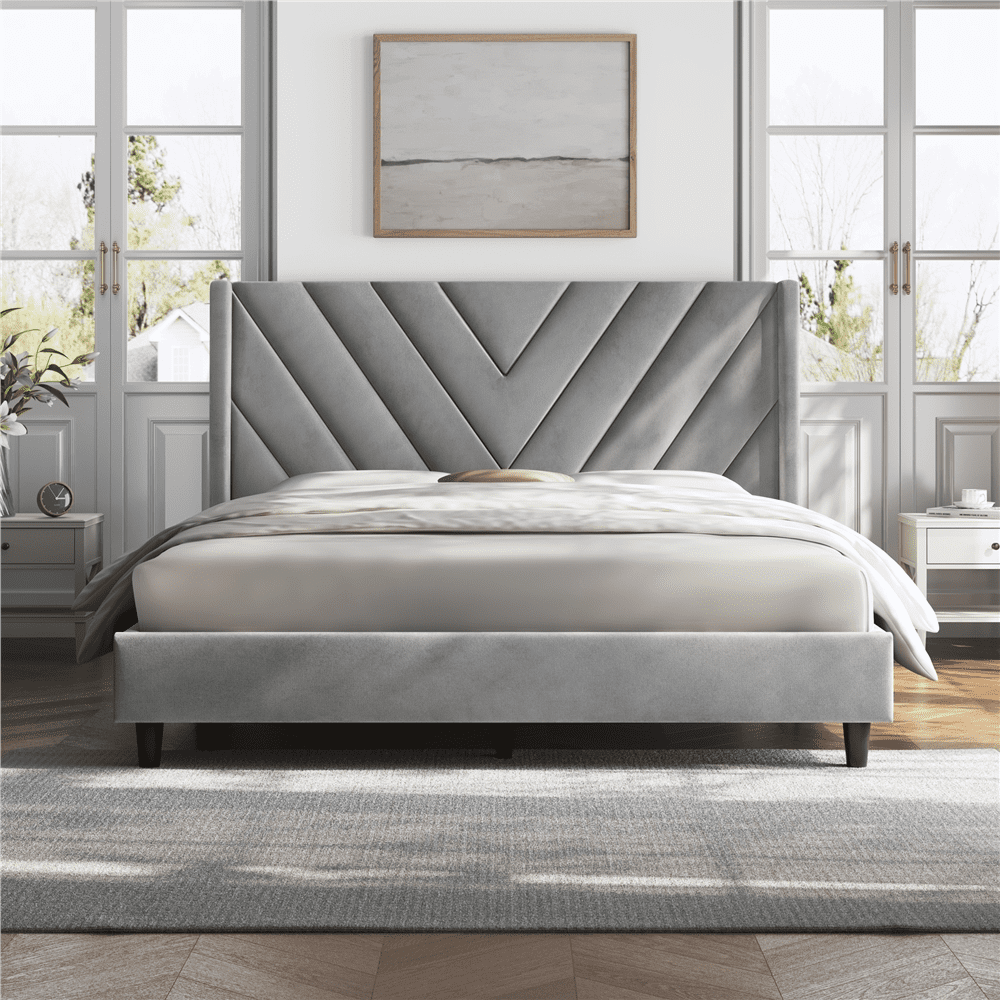 Light Gray Velvet Upholstered Queen Platform Bed with Wingback Headboard