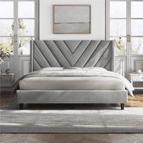 Renwick Queen Size Upholstered Platform Bed Frame with Tufted Headboard, Light Gray, Adult