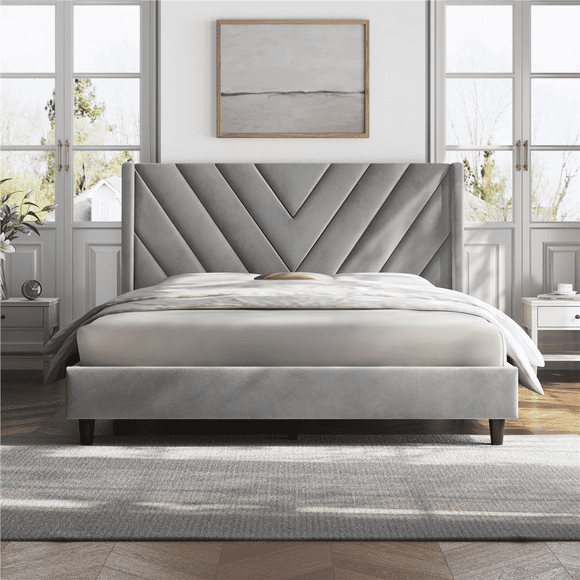 Renwick Queen Size Upholstered Platform Bed Frame with Tufted Headboard, Light Gray, Adult