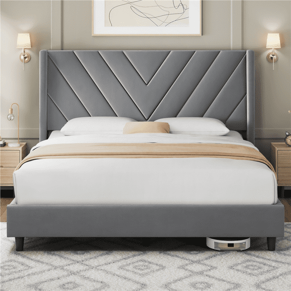 Renwick Queen Size Upholstered Platform Bed Frame with Tufted Headboard, Light Gray, Adult