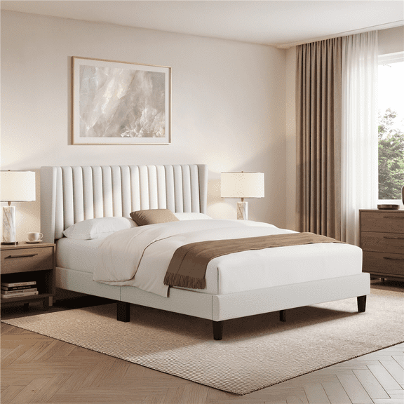 Renwick Queen Upholstered Platform Bed Frame with Channel Tufted Headboard, Ivory