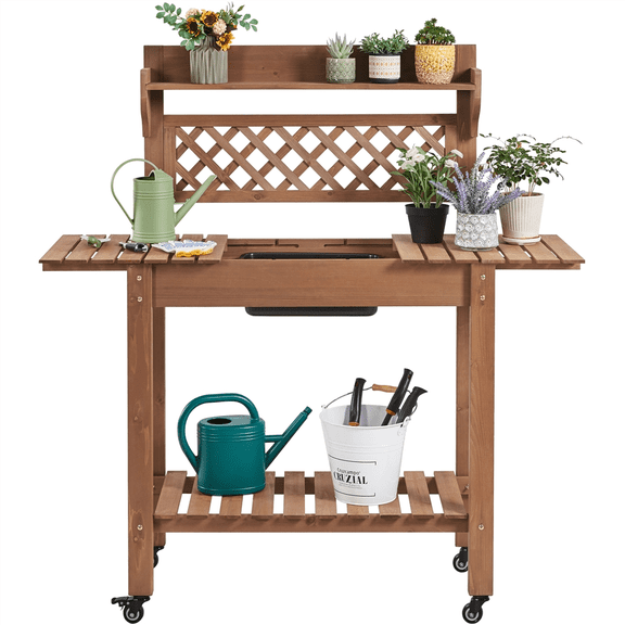 Renwick Rolling Garden Potting Bench with Sliding Tabletop & Open Storage Shelf, Brown