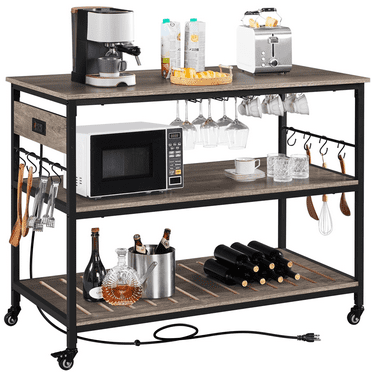 Renwick Rolling Kitchen Island Cart with Charge Station, Taupe Wood