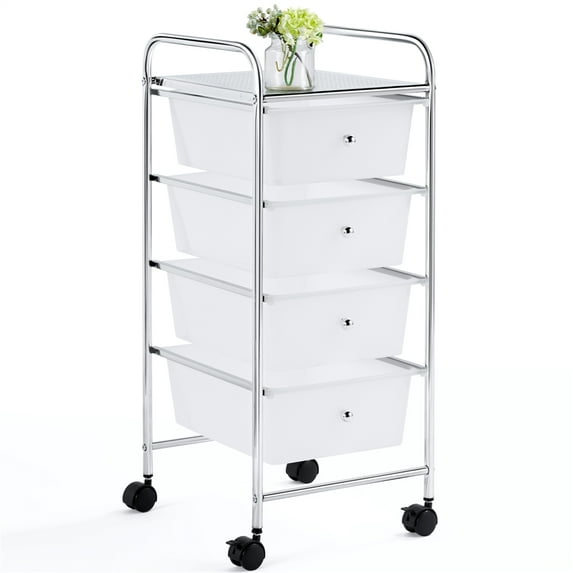 Renwick Rolling Storage Trolley Cart with 4 Plastic Drawers on Wheels, White