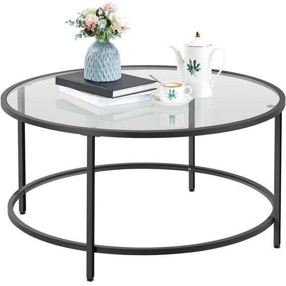 Renwick Round Glass-Top Coffee Table with Metal Frame for Livingroom, Black