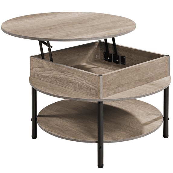Renwick Round Lift Top Coffee Table with Hidden Compartment and Storage Shelf, Gray