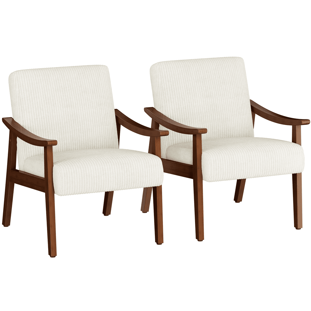 Renwick Set of 2 Corduroy Fabric Armchairs with Solid Wood Legs, Beige