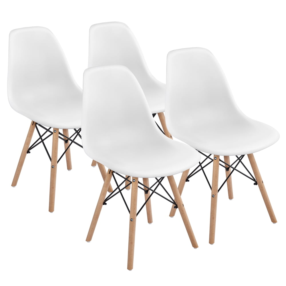 White Armless Dining Side Chairs with Beech Wood Legs (Set of 4)