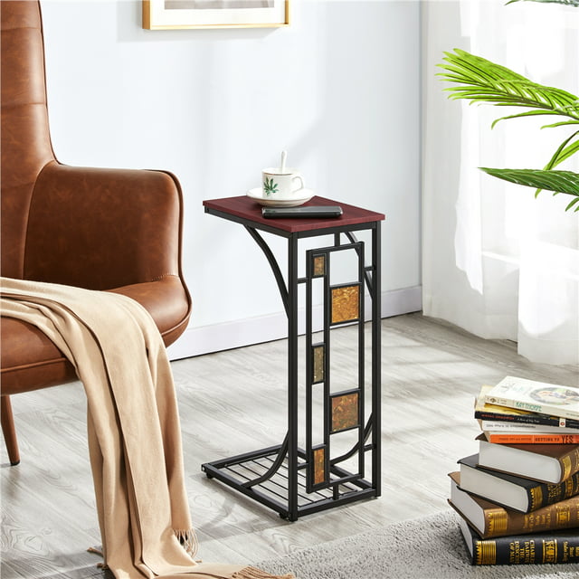 Renwick Traditional C Shaped Wood and Metal End Table, Brown/Black