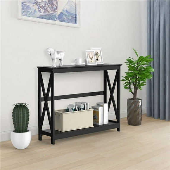 Renwick Transitional Wood X-Design Console Table with Storage Shelf, Black