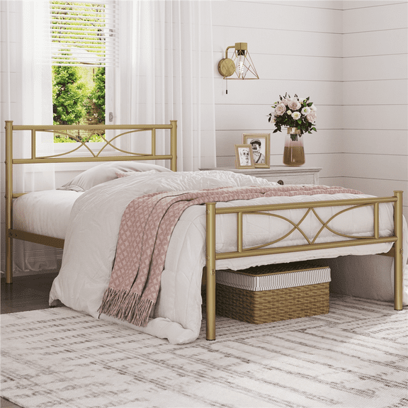 Renwick Twin Size Curved Design Metal Platform Bed, Adult, Antique Gold