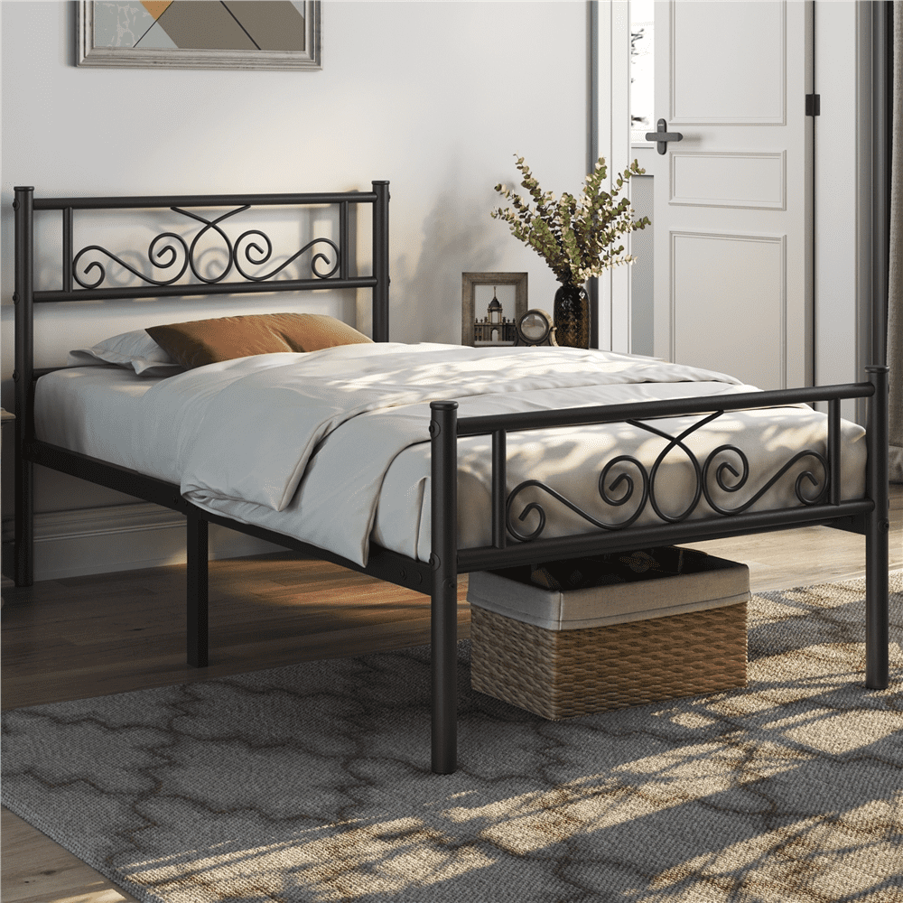 Renwick Twin Size Metal Platform Bed Frame with Headboard and Footboard, Black